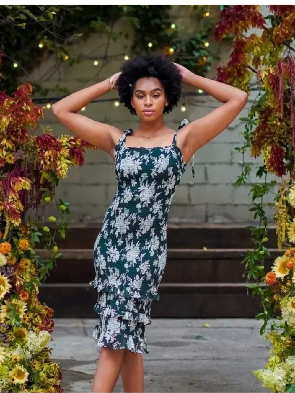 Abercrombie & Fitch Dark Green Floral Midi Dress with White Print